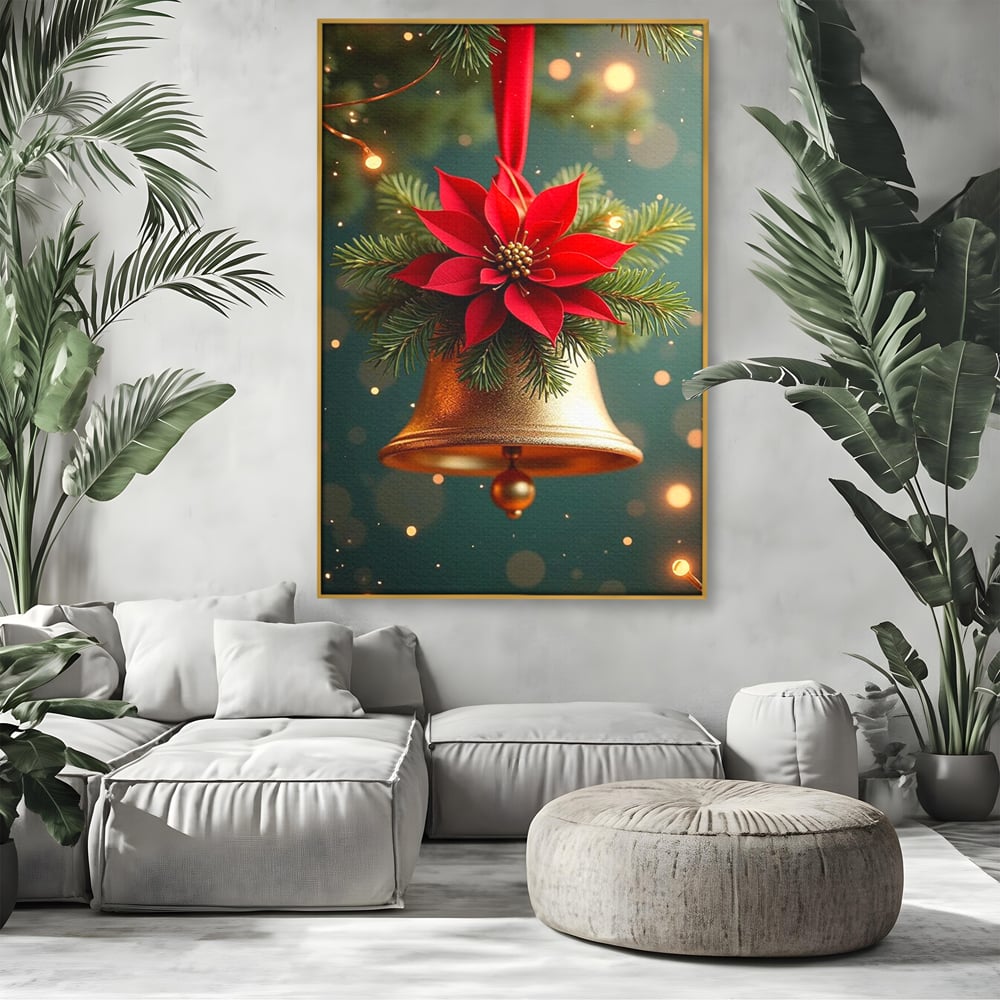 Tablou canvas cu tablou canvas cu clopotel si poinsettia, in rama de aluminiu auriu, pe perete intr-un living